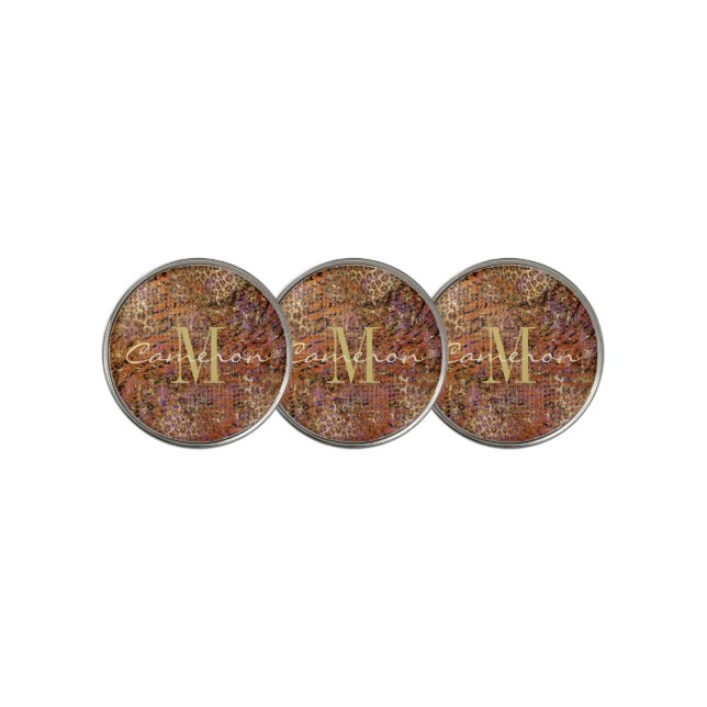 Gold Monogram Initial and Name On Leopard Skin Golf Ball Marker (3 Up)