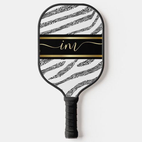 Gold Monogram Initial and Name Personalized Zebra Pickleball Paddle