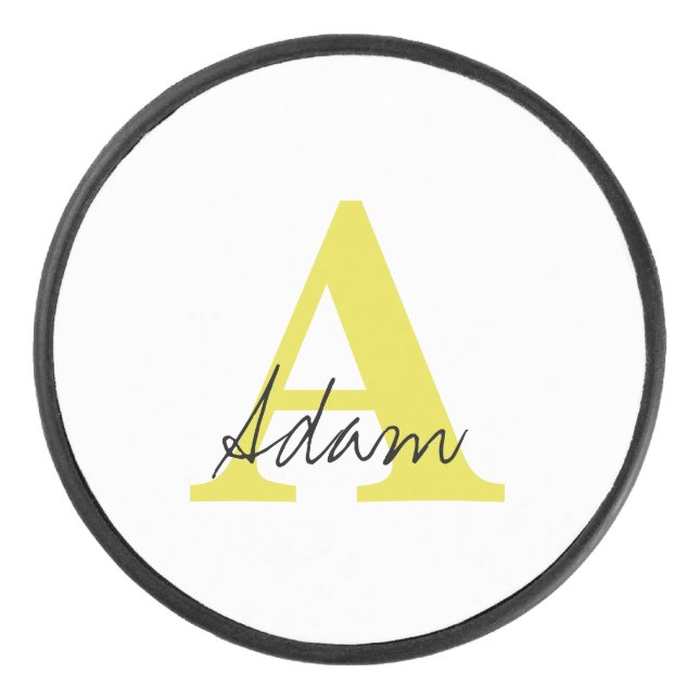 Gold Monogram Initial Custom Name Gift Fathers Day Hockey Puck (Front)