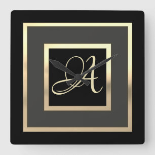 Gold Monogram Initial Framed Any Color Square Wall Clock