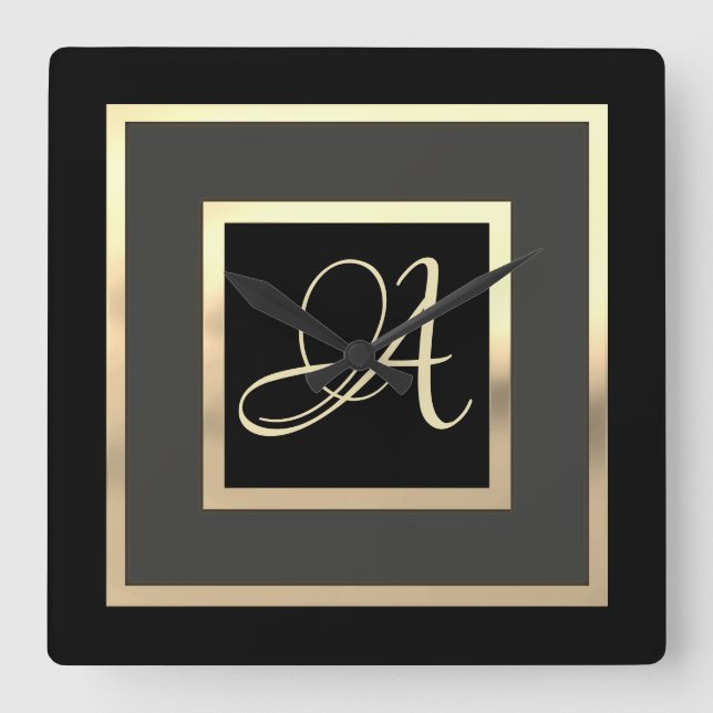 Gold Monogram Initial Framed Any Color Square Wall Clock (Front)