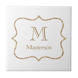 Gold Monogram Initial Name White Gold Trendy  Ceramic Tile