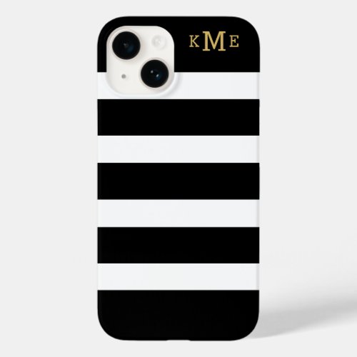 Gold Monogram Initials Black and White Stripes Case_Mate iPhone 14 Case