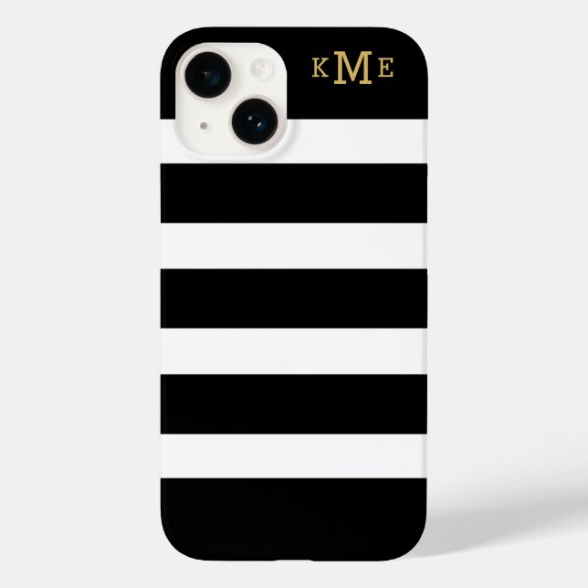 Gold Monogram Initials Black and White Stripes Case-Mate iPhone Case (Back)