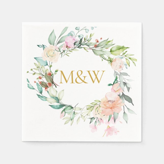 Gold Monogram Initials Roses Garland Floral Napkins (Front)