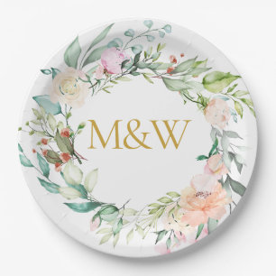 Gold Monogram Initials Roses Garland Floral Paper Plates