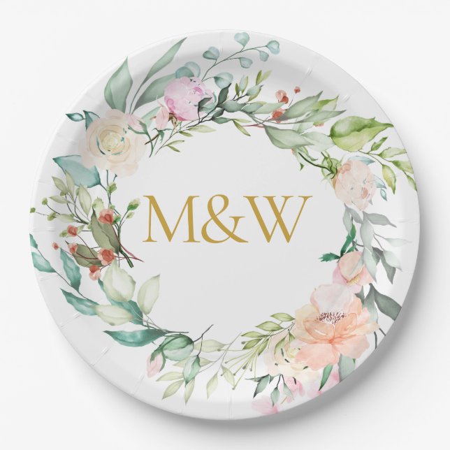 Gold Monogram Initials Roses Garland Floral Paper Plates (Front)