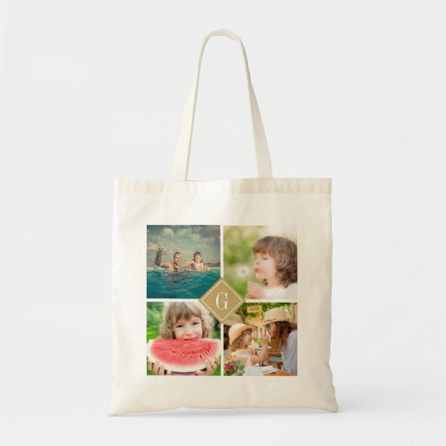 Gold Monogram Instagram Photo Collage Tote Bag (Front)