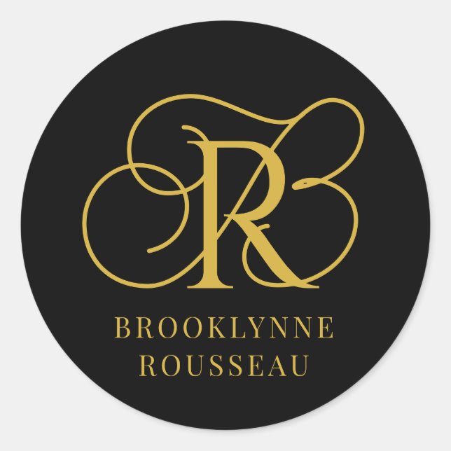Gold Monogram Jewelry Designer Black Business Card Classic Round Sticker (Front)