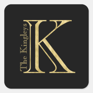 Gold Monogram K and Name on Any Color Square Sticker