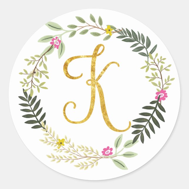 Gold Monogram Leaf K Classic Round Sticker (Front)
