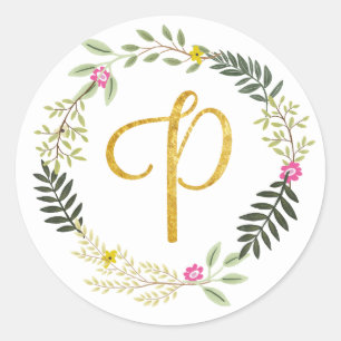 Gold Monogram Leaf P Classic Round Sticker