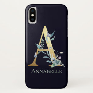 Gold Monogram Letter A Blue Floral custom name iPhone X Case
