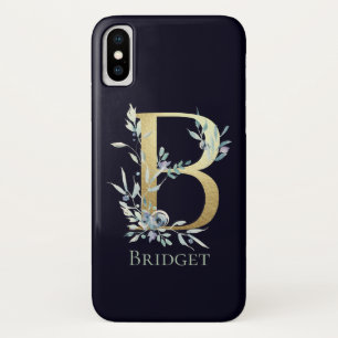 Gold Monogram Letter B Navy Blue Floral Name iPhone X Case