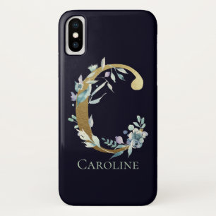 Gold Monogram Letter C Navy Blue Floral Name iPhone X Case