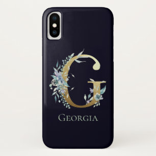 Gold Monogram Letter E Navy Blue Floral Name iPhone X Case