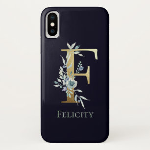 Gold Monogram Letter F Dark Blue Floral Name iPhone X Case