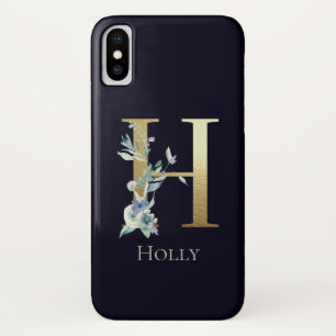 Gold Monogram Letter H Navy Blue Floral Name iPhone X Case