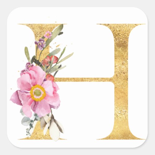 Gold MONOGRAM letter H with flowers Square Sticker