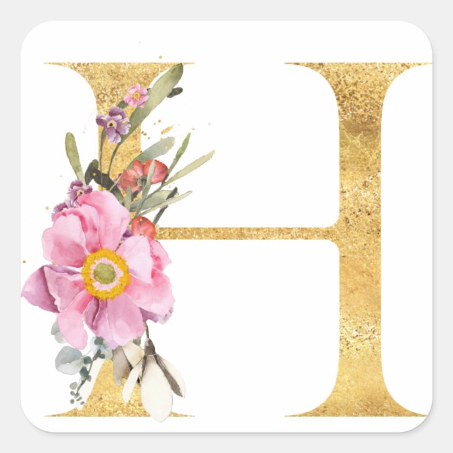 Gold MONOGRAM letter H with flowers Square Sticker (Front)