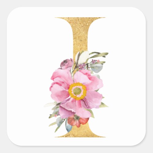 Gold MONOGRAM letter I with flowers Square Sticker