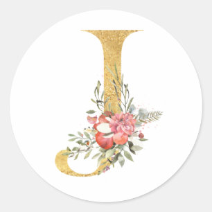 Gold MONOGRAM letter J with flowers Classic Round Sticker