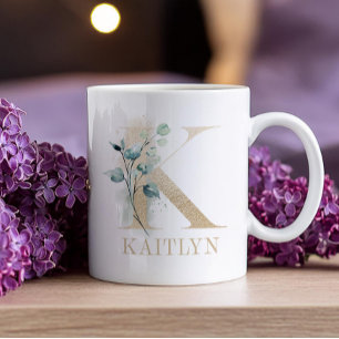 Gold Monogram Letter K Floral Coffee Mug