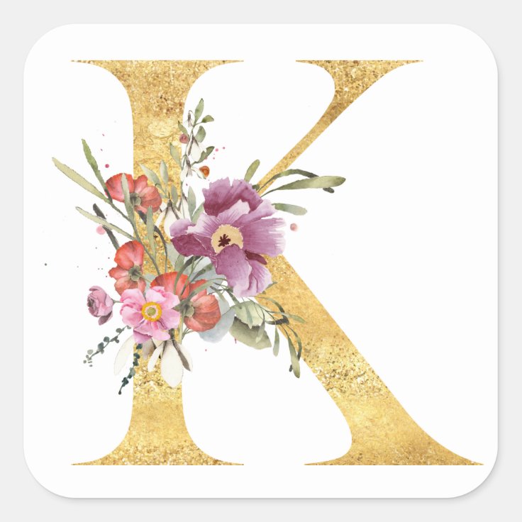 Gold MONOGRAM letter K with flowers Square Sticker | Zazzle