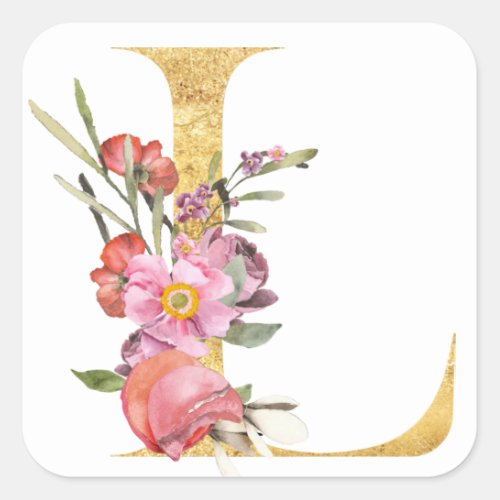 Gold MONOGRAM letter L with flower Square Sticker