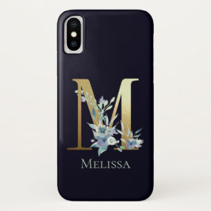 Gold Monogram Letter M Navy Blue Floral Name iPhone X Case