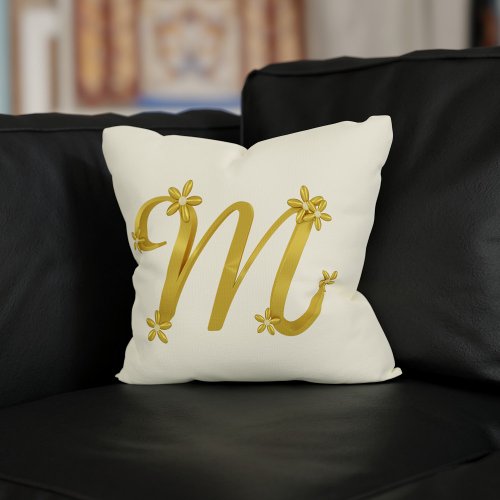 Gold Monogram Letter M with Floral Details Cream Throw Pillow