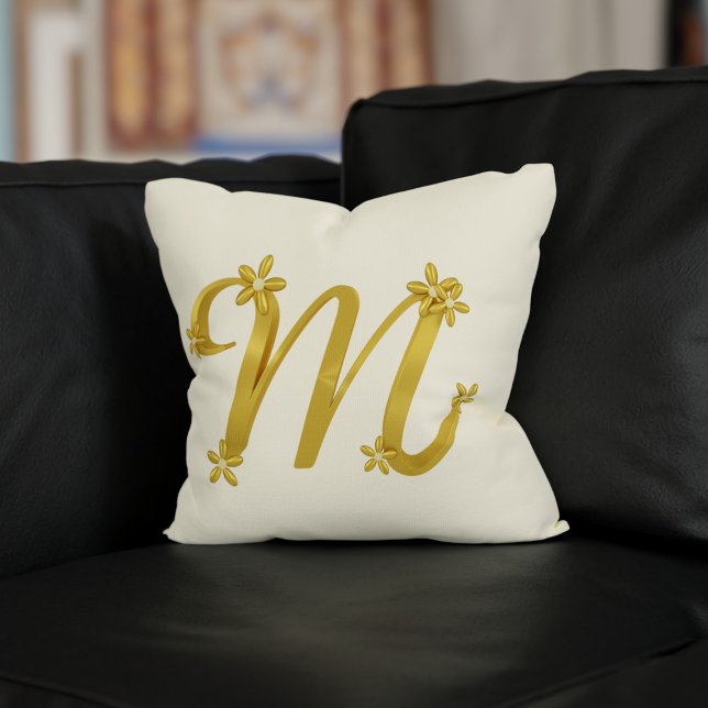 Gold Monogram Letter M with Floral Details Cream Throw Pillow (A pretty cream pillow with a gold letter M with cute little flowers just for you)
