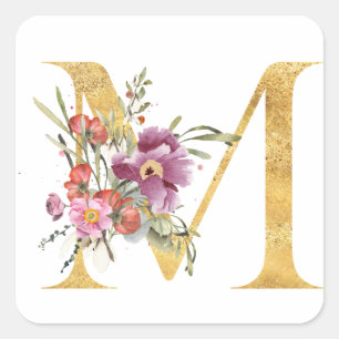 Gold MONOGRAM letter M with flower Square Sticker