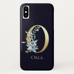 Gold Monogram Letter O Navy Blue Floral Name iPhone X Case