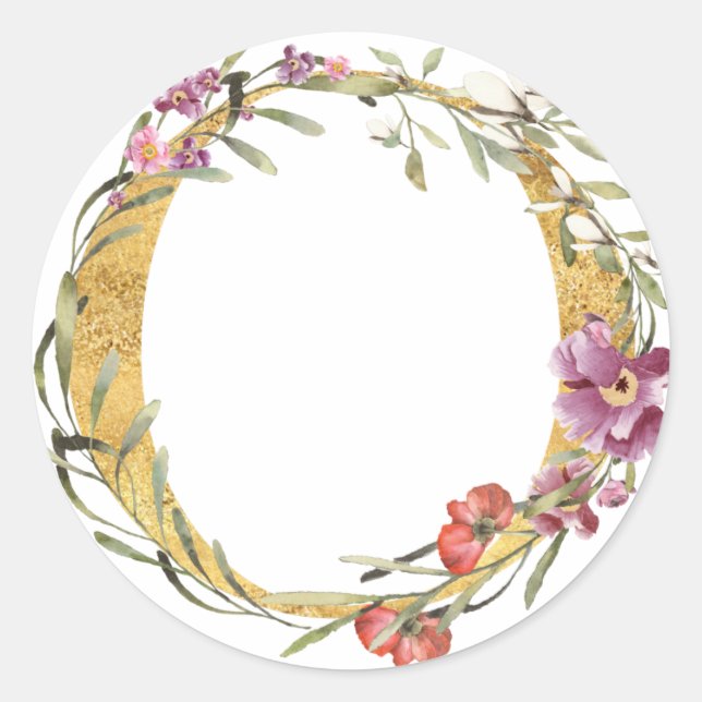 Gold MONOGRAM letter O with flower Classic Round Sticker (Front)