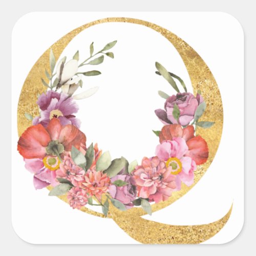 Gold MONOGRAM letter Q with flower Square Sticker