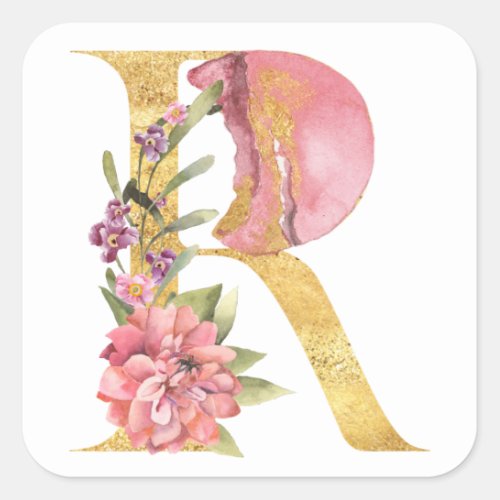 Gold MONOGRAM letter R with flower Square Sticker