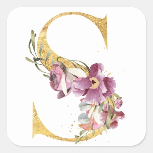 Gold MONOGRAM letter S with flower Square Sticker