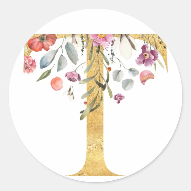 Gold MONOGRAM letter T with flower Classic Round Sticker (Front)