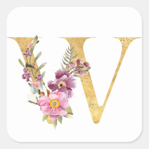 Gold MONOGRAM letter W with flower Square Sticker