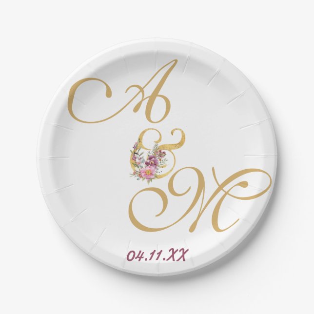 Gold MONOGRAM letter WEDDING PERSONALISED Paper Plates (Front)