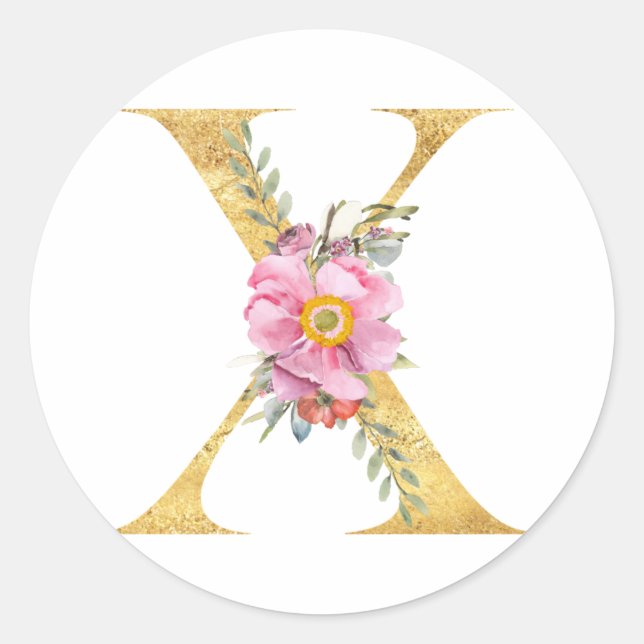 Gold MONOGRAM letter X with flower Classic Round Sticker (Front)