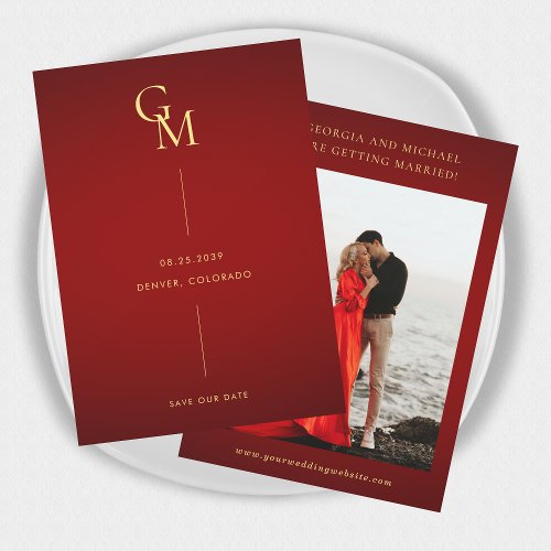 Gold Monogram Minimalist Dark Red Stylish Wedding Save The Date