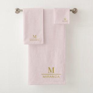 Gold Monogram Minimalist Modern Blush Pink Bath Towel Set