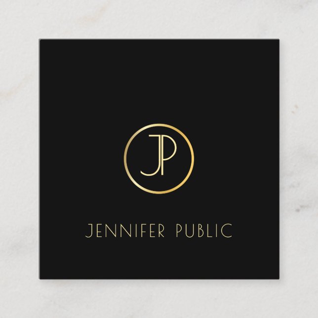 Gold Monogram Modern Elegant Black Template Chic Square Business Card (Front)