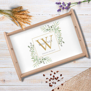 Gold Monogram Modern Greenery Chic Serving Tray
