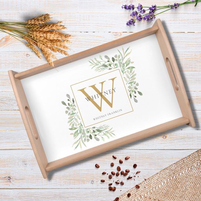 Gold Monogram Modern Greenery Chic Serving Tray (Creator Uploaded)