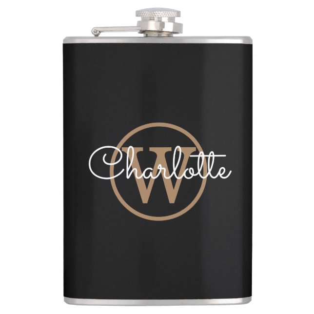 Gold Monogram Modern Script Black Flask (Front)