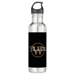 Gold Monogram Modern Script Black Stainless Steel Water Bottle