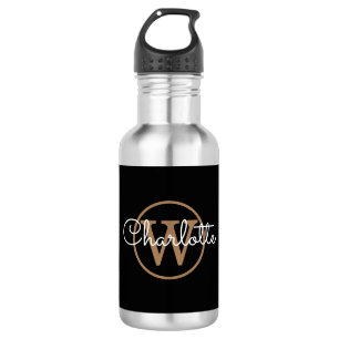 Gold Monogram Modern Script Black Stainless Steel Water Bottle